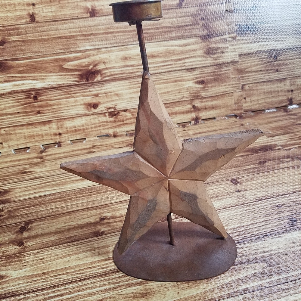Rustic Wooden Star Candle Holder Tealight Folk Art Christmas Decor Cottage Core